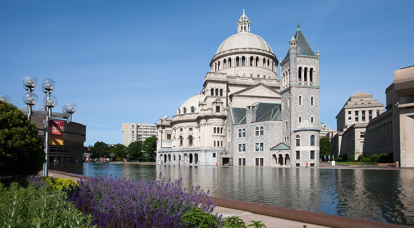 The Mother Church and the Christian Science Plaza's reflecting pool