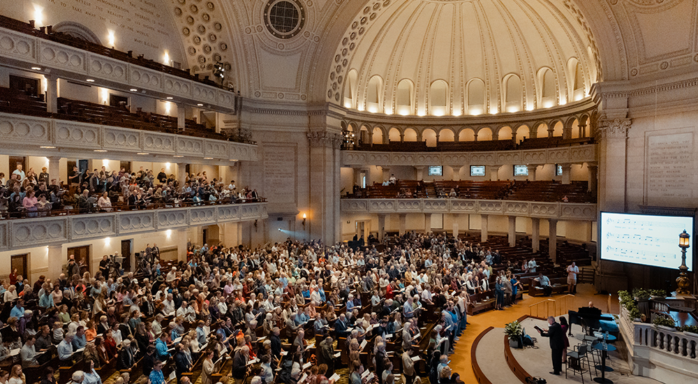 Christian Scientists gather together and fill The Mother Church in Boston, Massachusetts.